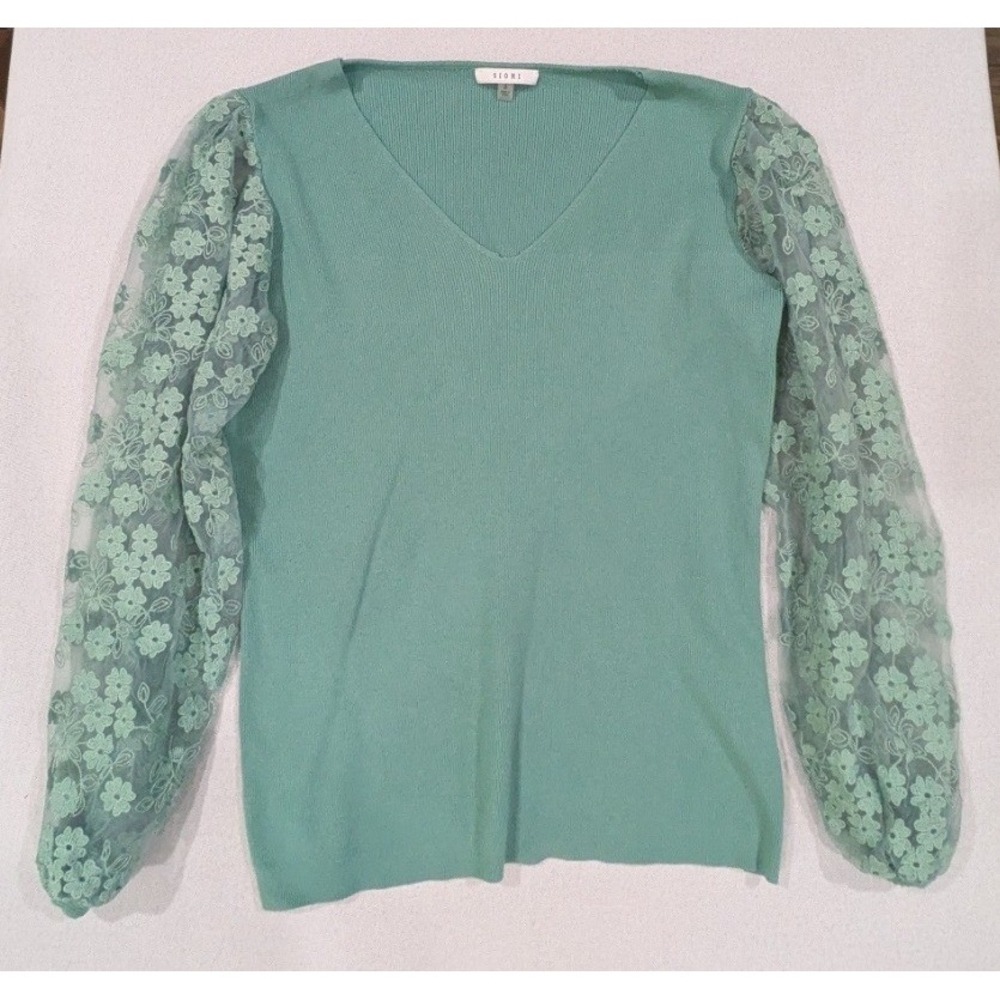 Sioni Knit Top Womens Small Mint Green Excellent Lace Puff Sleeve V-Neck Ribbed
